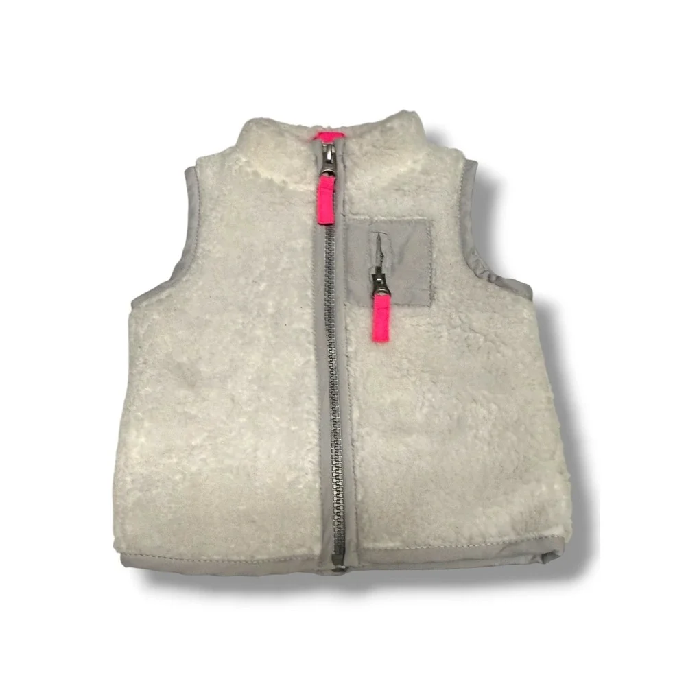 Carter's‎ Baby Sherpa Fleece Vest Gray White Neon Pink Zip Up Cozy 9 Months